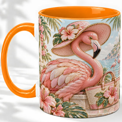 #pl[11oz|Orange] Tropical Flamingo Ceramic Mug, Coastal Bird Design for Bird Lovers