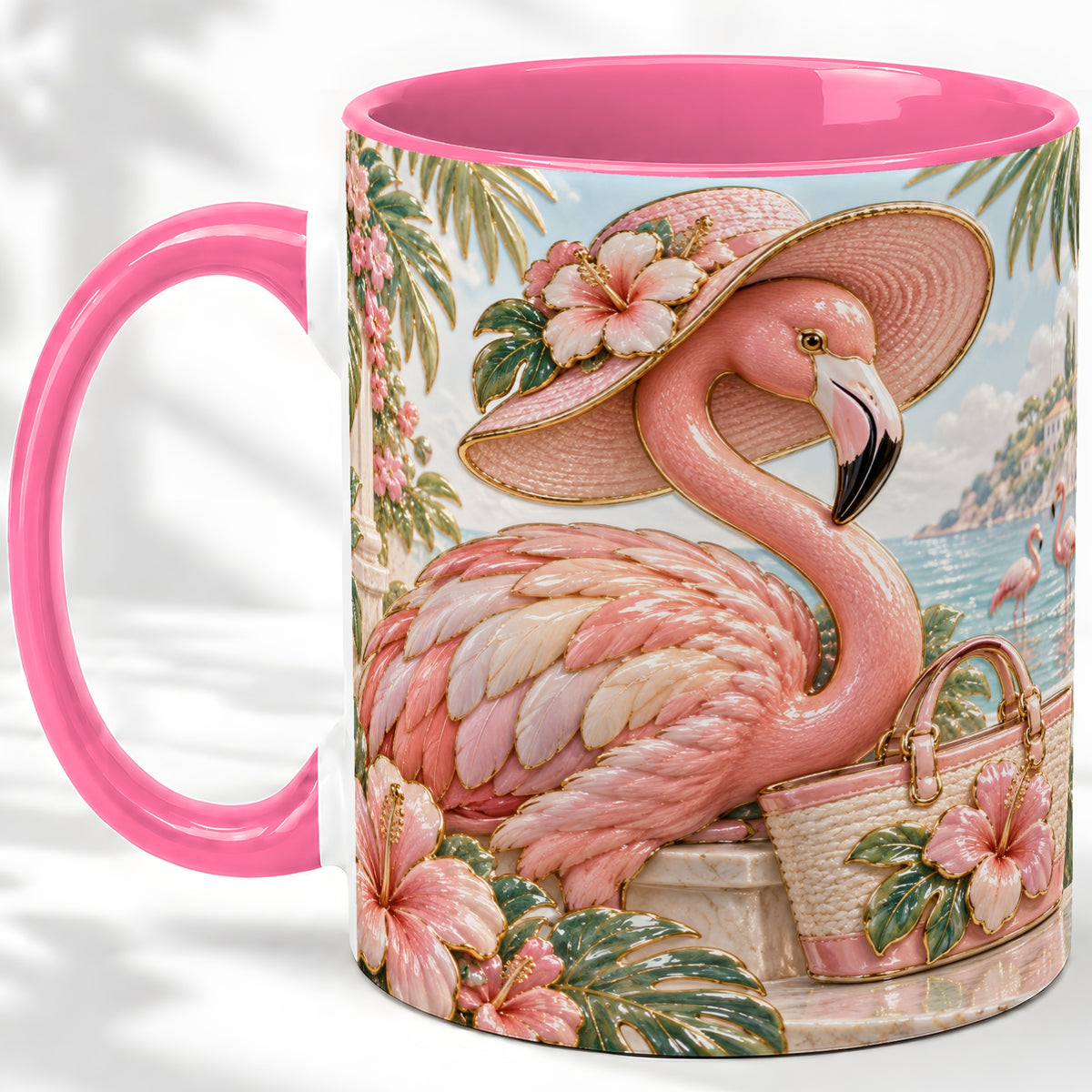#pl[11oz|Pink] Tropical Flamingo Ceramic Mug, Coastal Bird Design for Bird Lovers