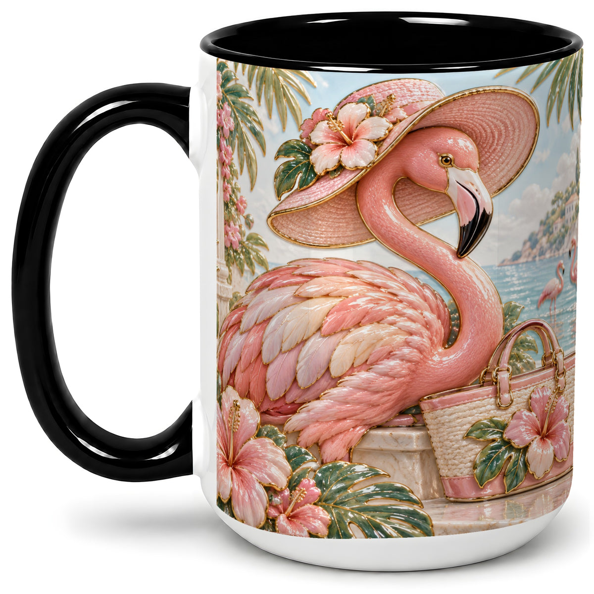 #pl[15oz|Black] Tropical Flamingo Ceramic Mug, Coastal Bird Design for Bird Lovers