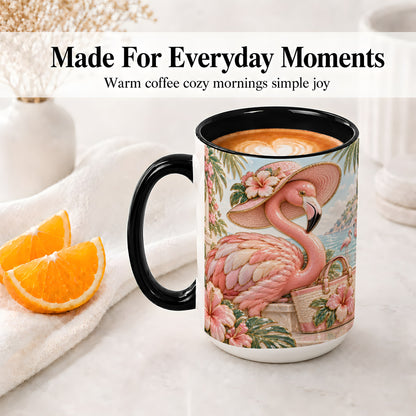 #pl[15oz|Black] Tropical Flamingo Ceramic Mug, Coastal Bird Design for Bird Lovers