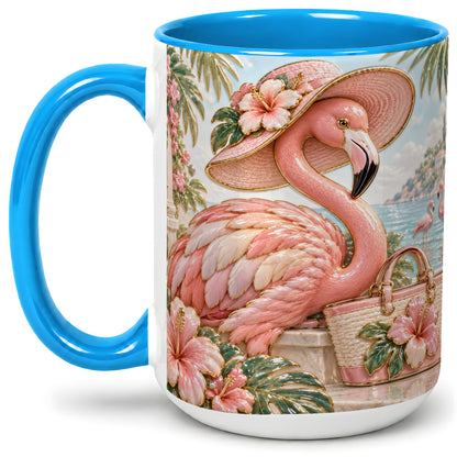 #pl[15oz|Blue] Tropical Flamingo Ceramic Mug, Coastal Bird Design for Bird Lovers