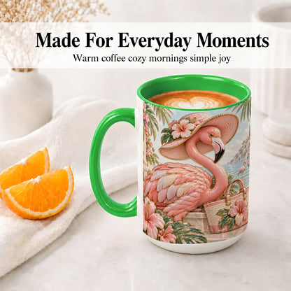 #pl[15oz|Green] Tropical Flamingo Ceramic Mug, Coastal Bird Design for Bird Lovers