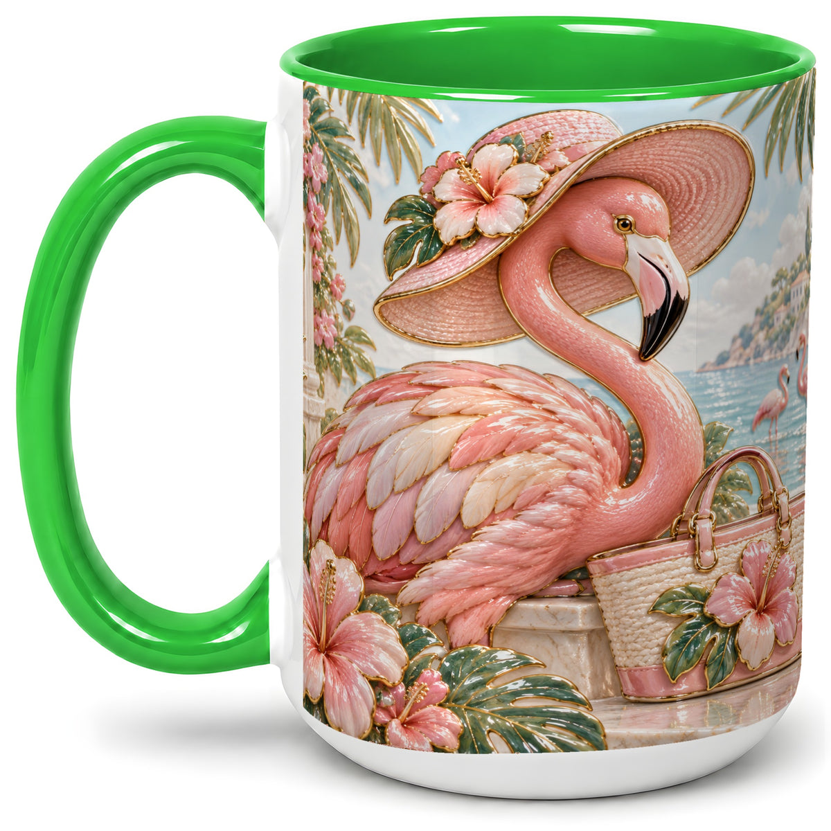 #pl[15oz|Green] Tropical Flamingo Ceramic Mug, Coastal Bird Design for Bird Lovers