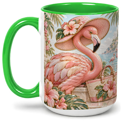 #pl[15oz|Green] Tropical Flamingo Ceramic Mug, Coastal Bird Design for Bird Lovers