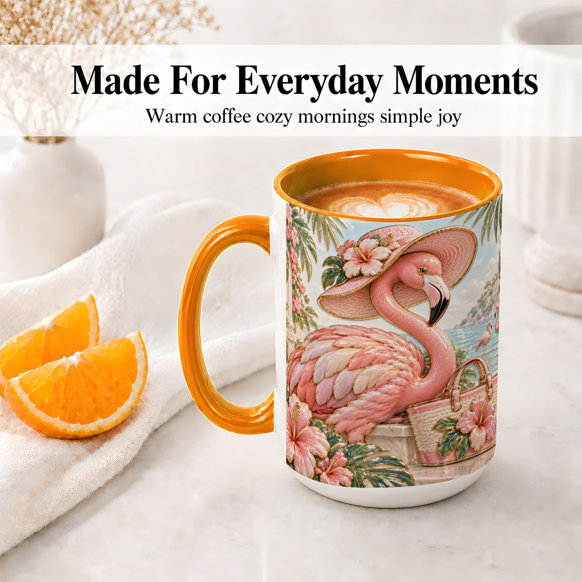 #pl[15oz|Orange] Tropical Flamingo Ceramic Mug, Coastal Bird Design for Bird Lovers