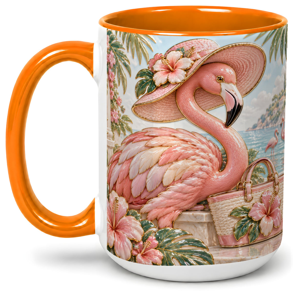 #pl[15oz|Orange] Tropical Flamingo Ceramic Mug, Coastal Bird Design for Bird Lovers