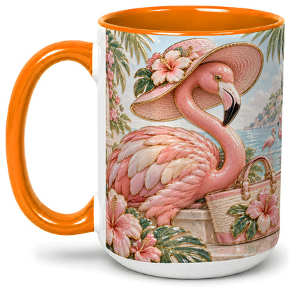 #pl[15oz|Orange] Tropical Flamingo Ceramic Mug, Coastal Bird Design for Bird Lovers