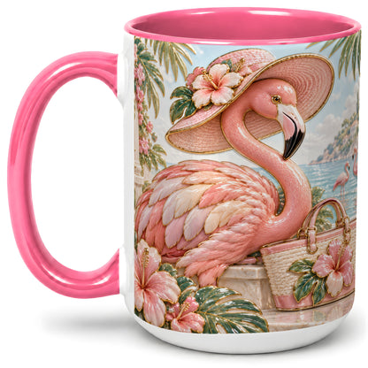 #pl[15oz|Pink] Tropical Flamingo Ceramic Mug, Coastal Bird Design for Bird Lovers