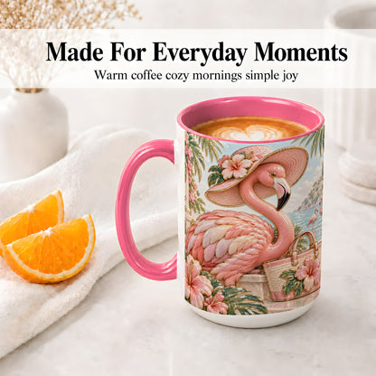 #pl[15oz|Pink] Tropical Flamingo Ceramic Mug, Coastal Bird Design for Bird Lovers