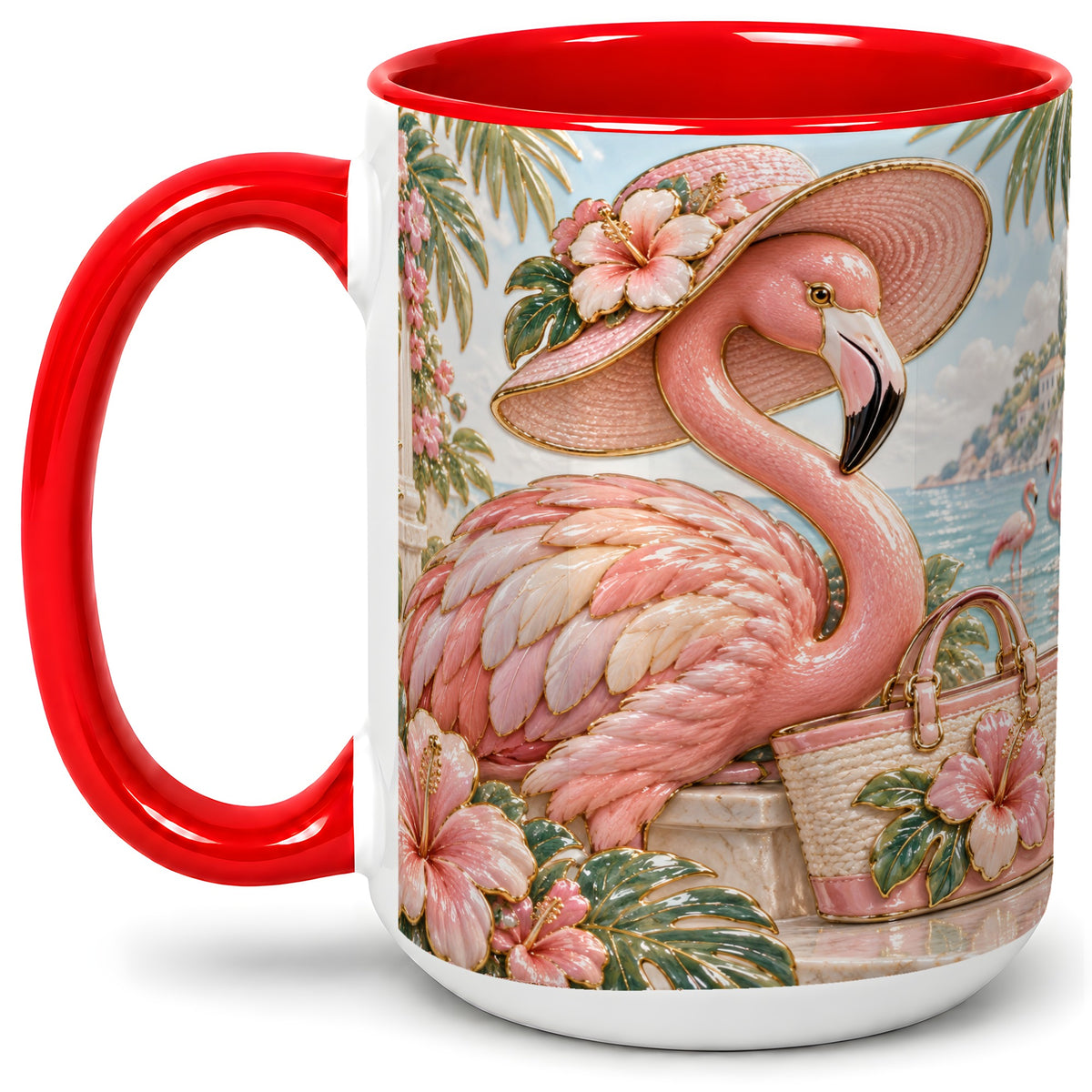 #pl[15oz|Red] Tropical Flamingo Ceramic Mug, Coastal Bird Design for Bird Lovers