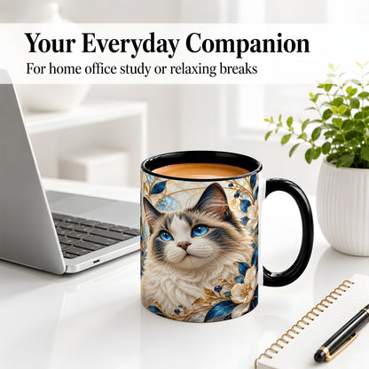#pl[11oz|Black] Blue-Eyed Cat Ceramic Mug, Floral Feline Design for Cat Lovers