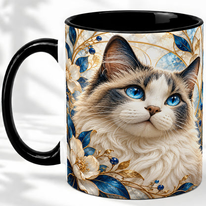 #pl[11oz|Black] Blue-Eyed Cat Ceramic Mug, Floral Feline Design for Cat Lovers