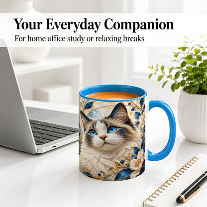 #pl[11oz|Blue] Blue-Eyed Cat Ceramic Mug, Floral Feline Design for Cat Lovers