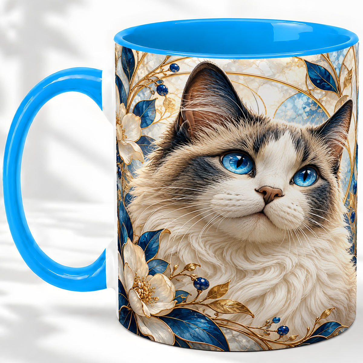 #pl[11oz|Blue] Blue-Eyed Cat Ceramic Mug, Floral Feline Design for Cat Lovers