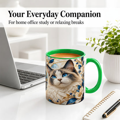 #pl[11oz|Green] Blue-Eyed Cat Ceramic Mug, Floral Feline Design for Cat Lovers