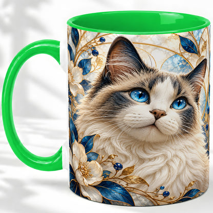 #pl[11oz|Green] Blue-Eyed Cat Ceramic Mug, Floral Feline Design for Cat Lovers