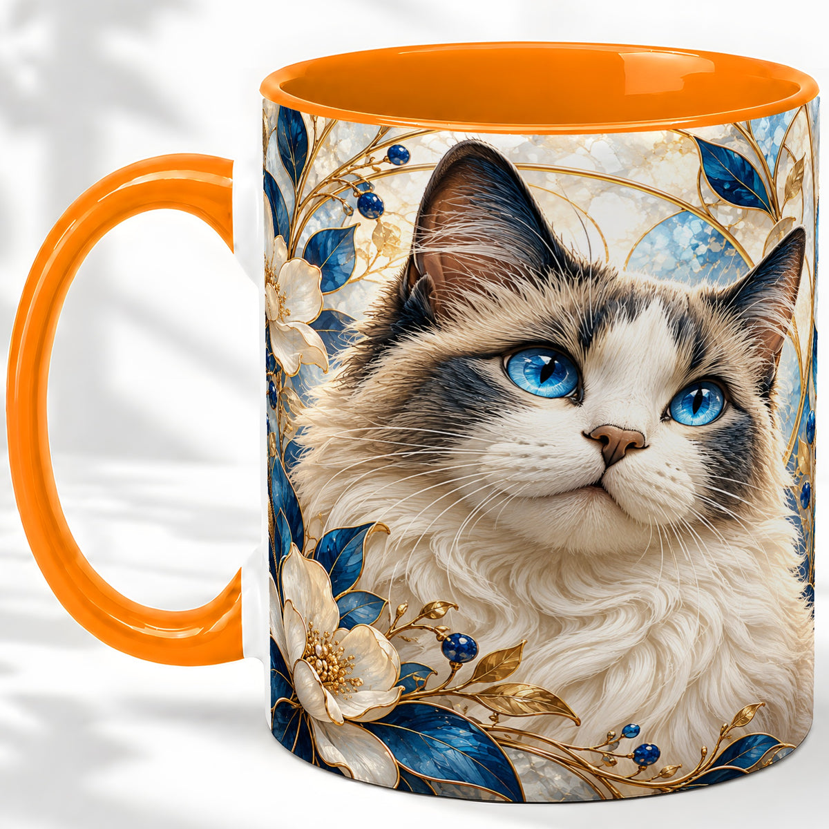 #pl[11oz|Orange] Blue-Eyed Cat Ceramic Mug, Floral Feline Design for Cat Lovers