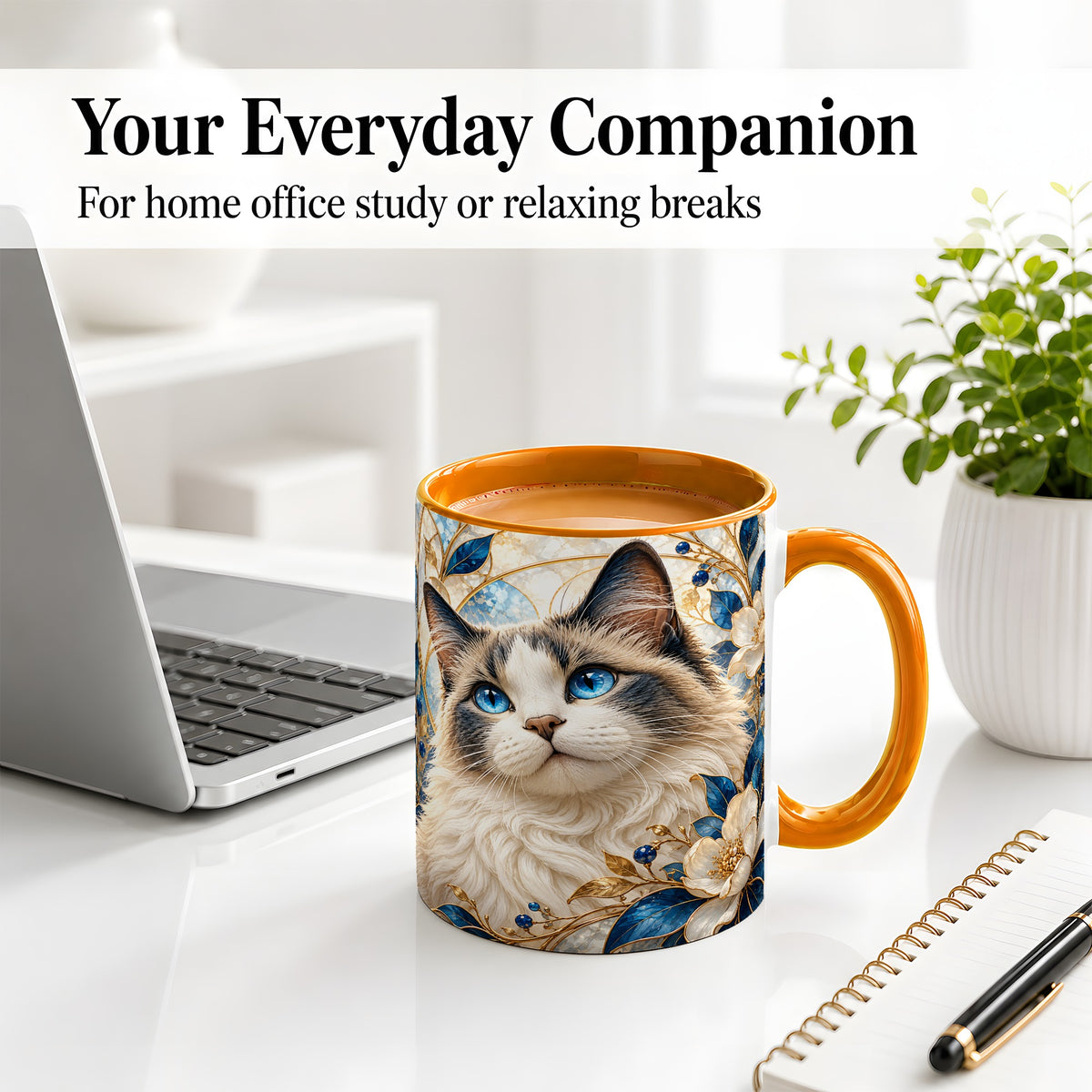 #pl[11oz|Orange] Blue-Eyed Cat Ceramic Mug, Floral Feline Design for Cat Lovers