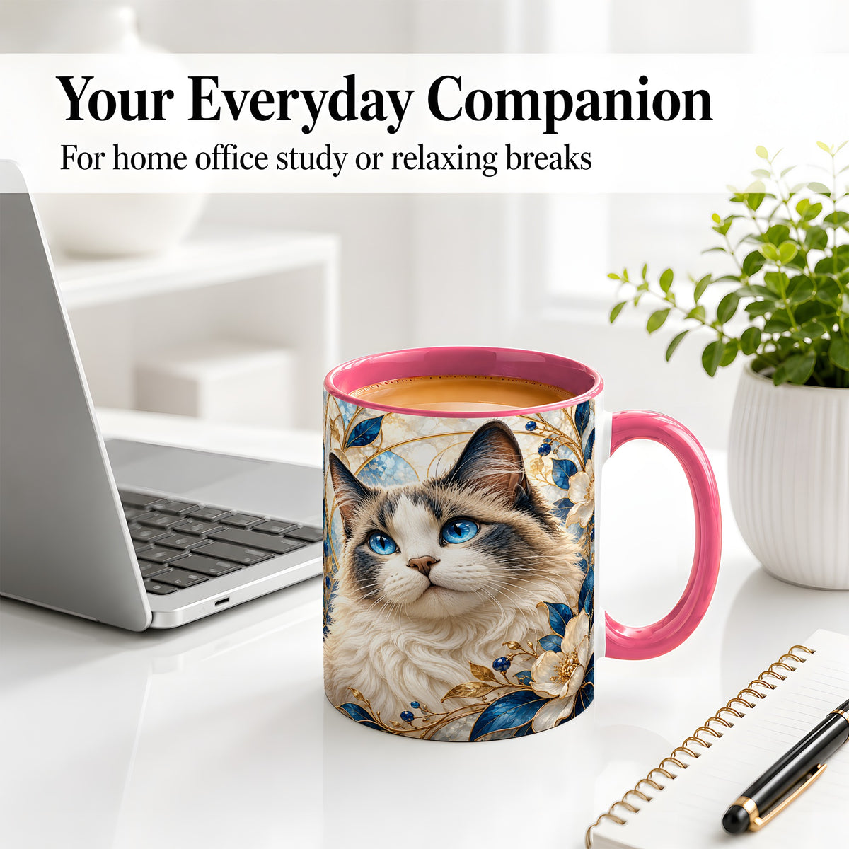#pl[11oz|Pink] Blue-Eyed Cat Ceramic Mug, Floral Feline Design for Cat Lovers