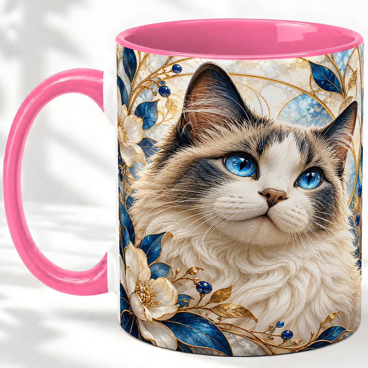 #pl[11oz|Pink] Blue-Eyed Cat Ceramic Mug, Floral Feline Design for Cat Lovers