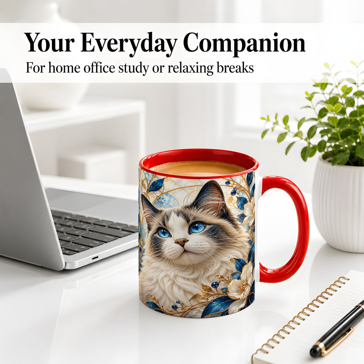#pl[11oz|Red] Blue-Eyed Cat Ceramic Mug, Floral Feline Design for Cat Lovers