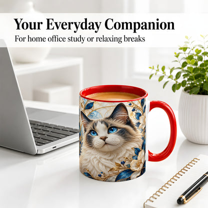 #pl[11oz|Red] Blue-Eyed Cat Ceramic Mug, Floral Feline Design for Cat Lovers