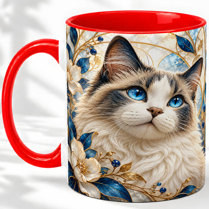 Blue-Eyed Cat Ceramic Mug, Floral Feline Design for Cat Lovers