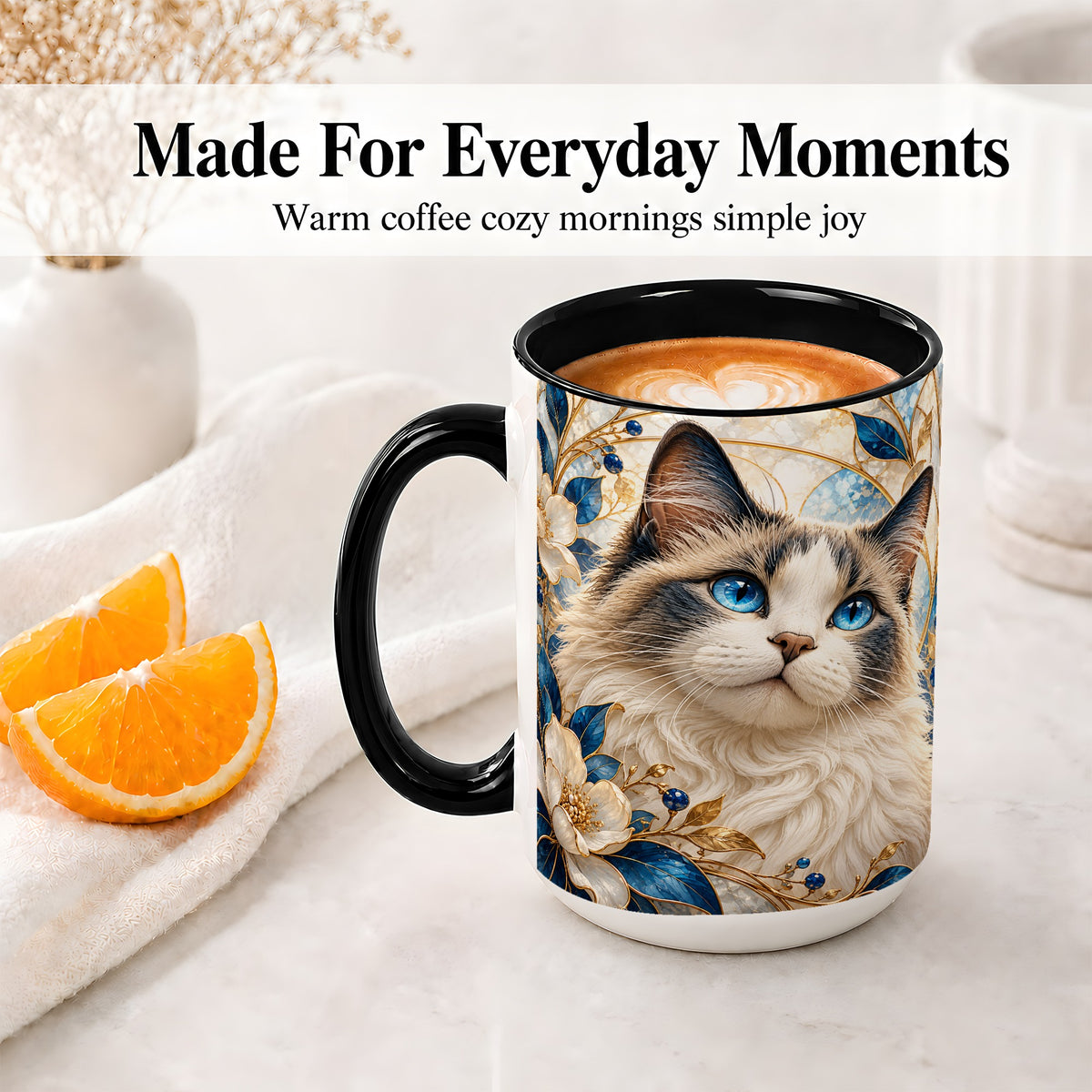 #pl[15oz|Black] Blue-Eyed Cat Ceramic Mug, Floral Feline Design for Cat Lovers