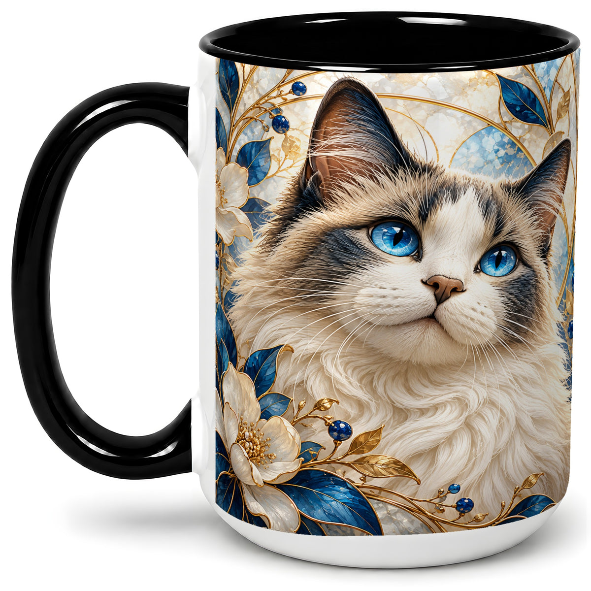 #pl[15oz|Black] Blue-Eyed Cat Ceramic Mug, Floral Feline Design for Cat Lovers