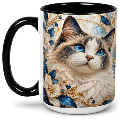 #pl[15oz|Black] Blue-Eyed Cat Ceramic Mug, Floral Feline Design for Cat Lovers