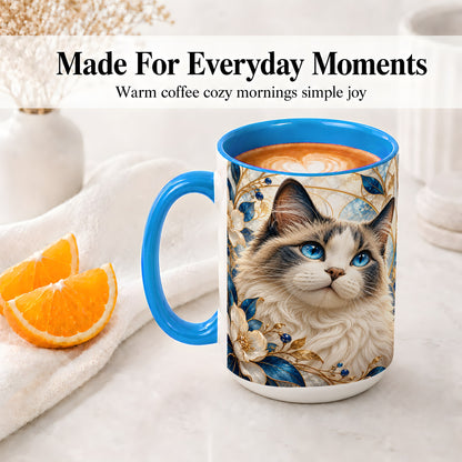#pl[15oz|Blue] Blue-Eyed Cat Ceramic Mug, Floral Feline Design for Cat Lovers