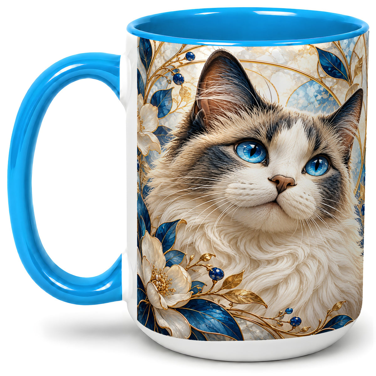 #pl[15oz|Blue] Blue-Eyed Cat Ceramic Mug, Floral Feline Design for Cat Lovers