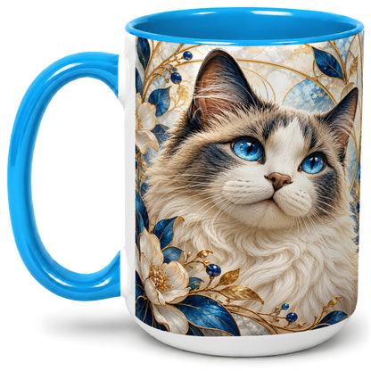 #pl[15oz|Blue] Blue-Eyed Cat Ceramic Mug, Floral Feline Design for Cat Lovers