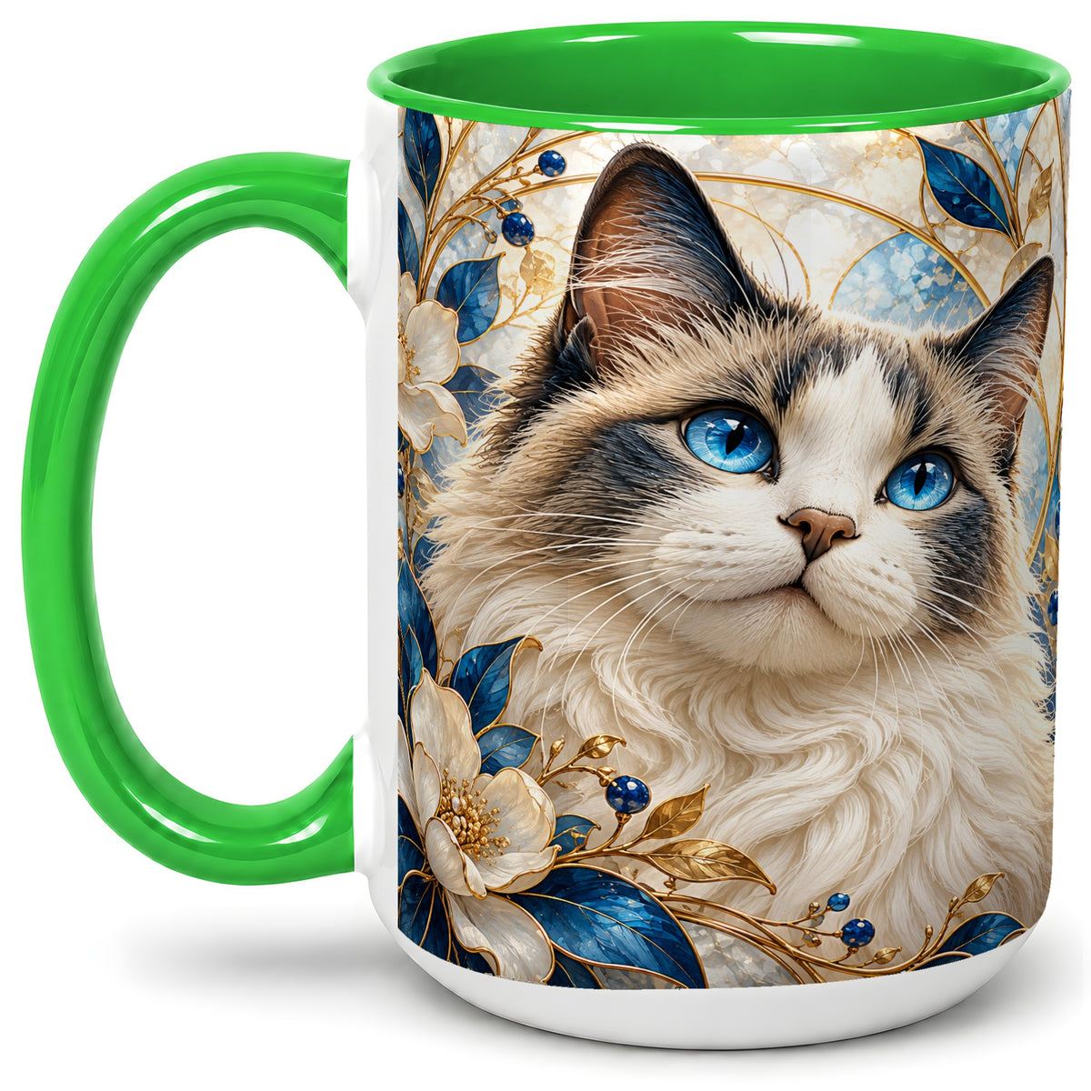 #pl[15oz|Green] Blue-Eyed Cat Ceramic Mug, Floral Feline Design for Cat Lovers