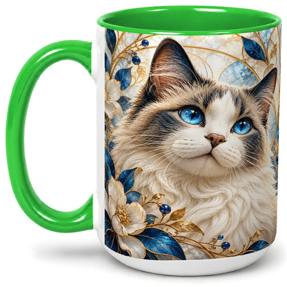 #pl[15oz|Green] Blue-Eyed Cat Ceramic Mug, Floral Feline Design for Cat Lovers