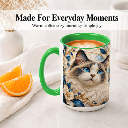 #pl[15oz|Green] Blue-Eyed Cat Ceramic Mug, Floral Feline Design for Cat Lovers