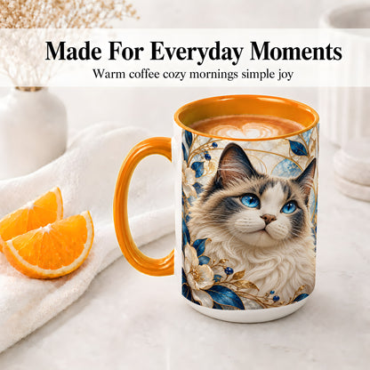 #pl[15oz|Orange] Blue-Eyed Cat Ceramic Mug, Floral Feline Design for Cat Lovers