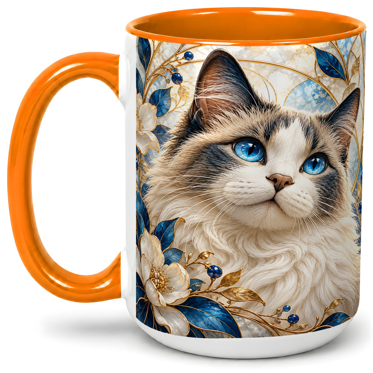 #pl[15oz|Orange] Blue-Eyed Cat Ceramic Mug, Floral Feline Design for Cat Lovers