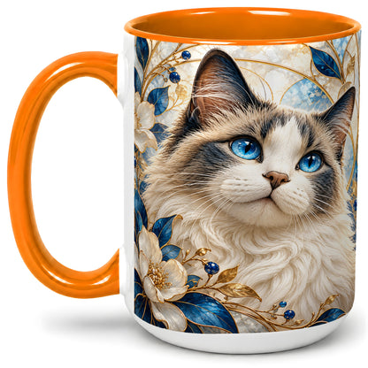 #pl[15oz|Orange] Blue-Eyed Cat Ceramic Mug, Floral Feline Design for Cat Lovers