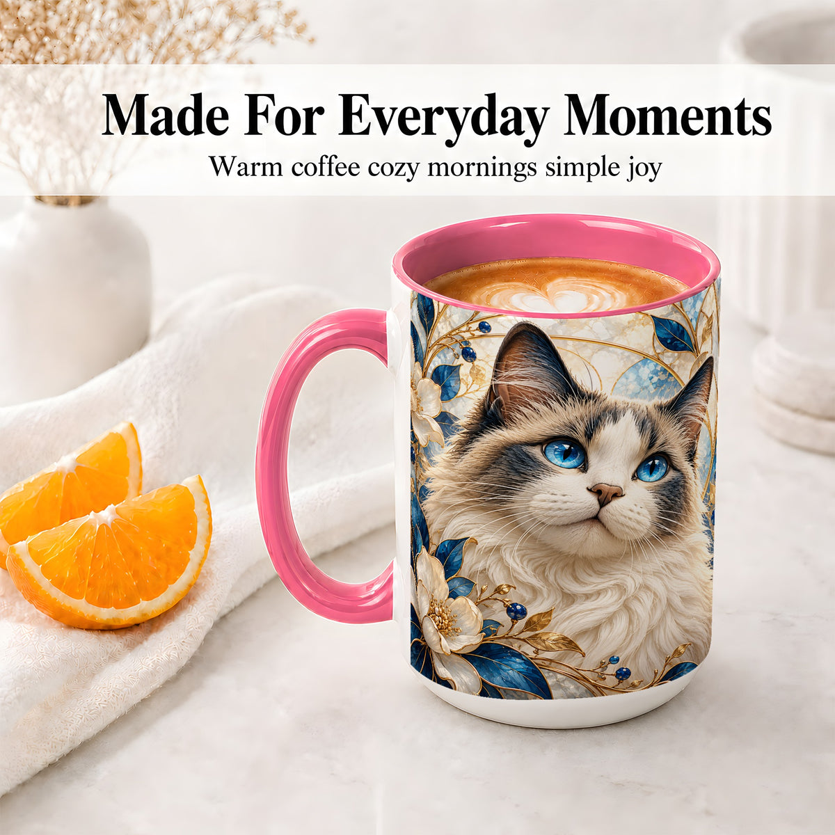 #pl[15oz|Pink] Blue-Eyed Cat Ceramic Mug, Floral Feline Design for Cat Lovers