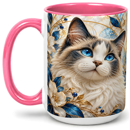#pl[15oz|Pink] Blue-Eyed Cat Ceramic Mug, Floral Feline Design for Cat Lovers