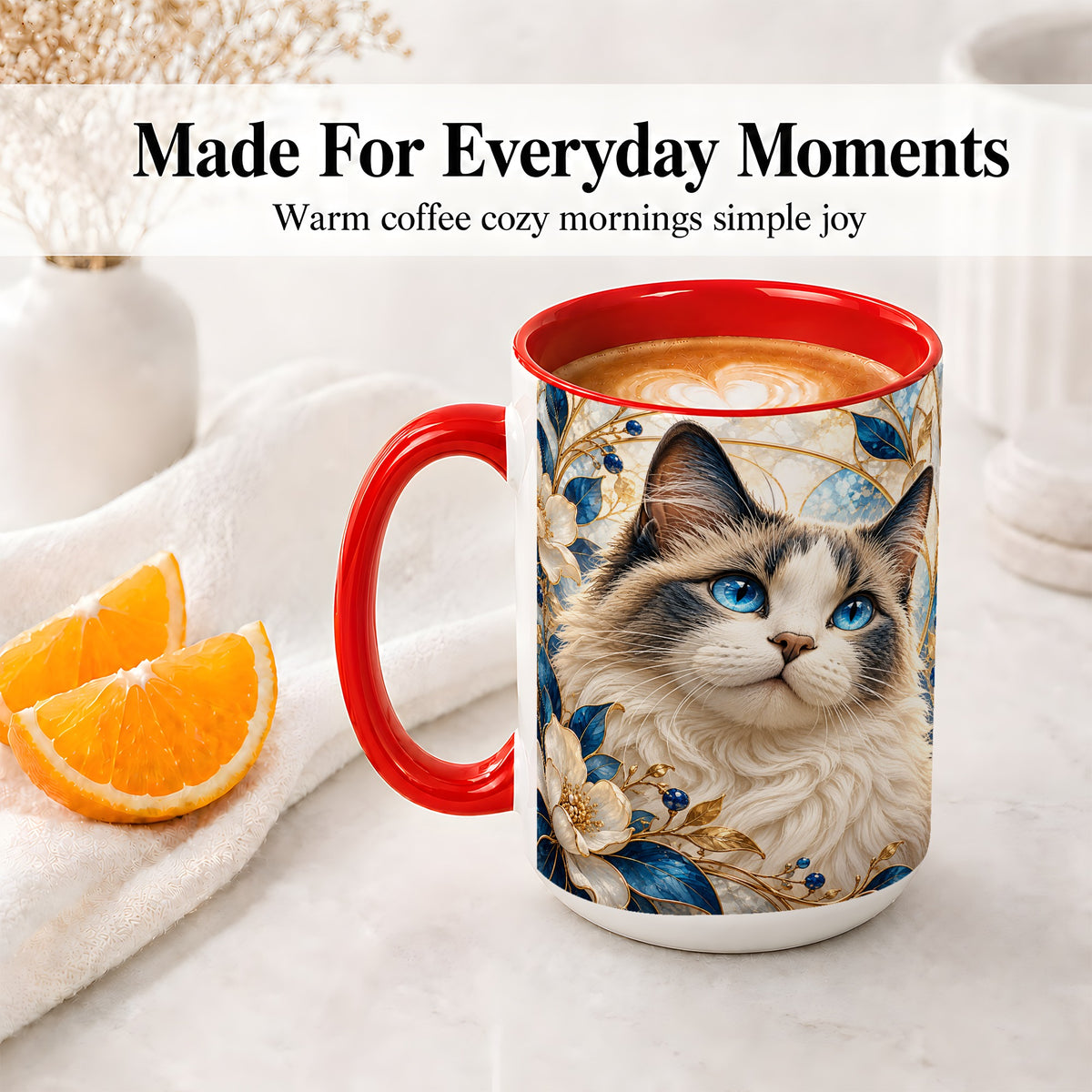 #pl[15oz|Red] Blue-Eyed Cat Ceramic Mug, Floral Feline Design for Cat Lovers