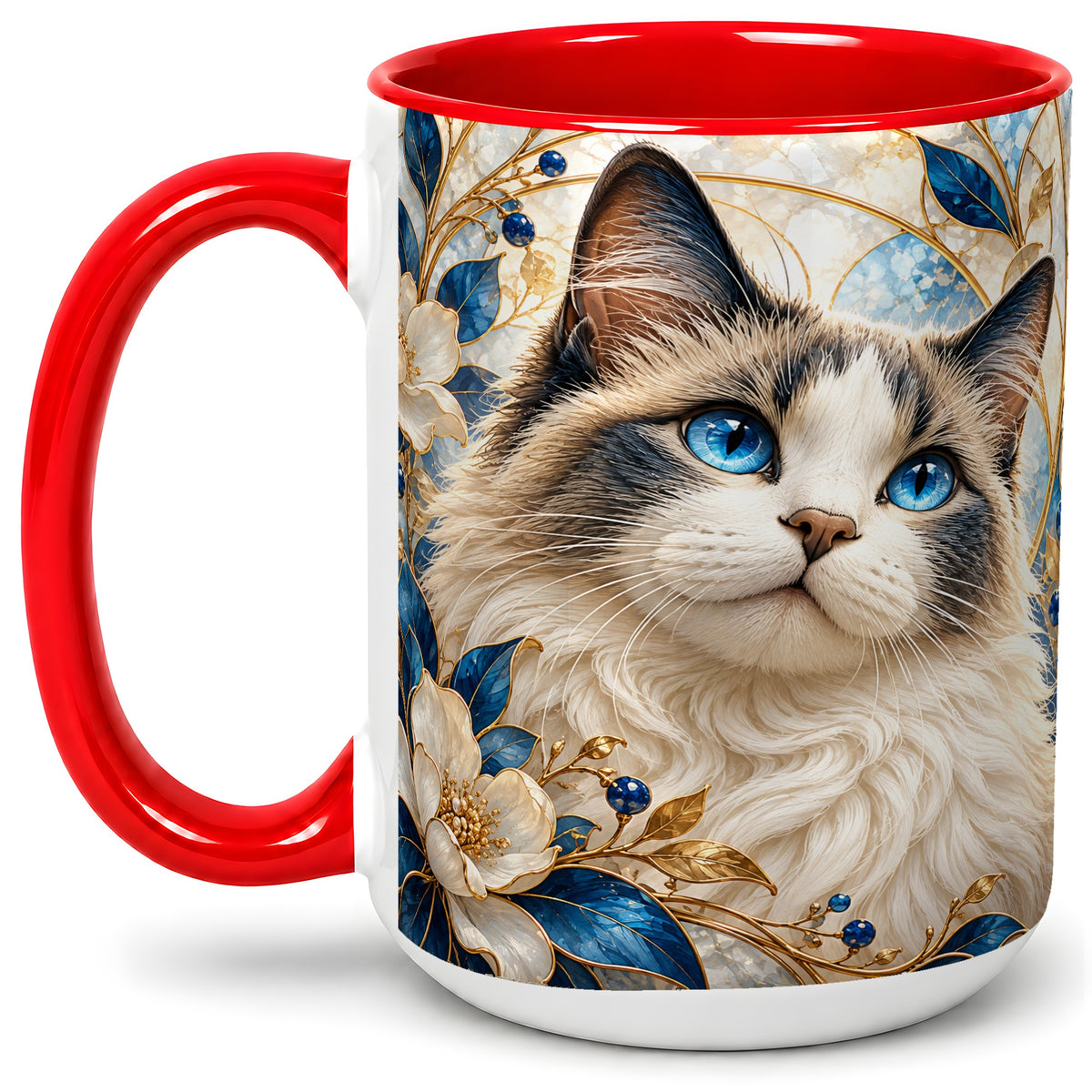 #pl[15oz|Red] Blue-Eyed Cat Ceramic Mug, Floral Feline Design for Cat Lovers