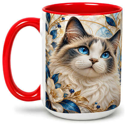 #pl[15oz|Red] Blue-Eyed Cat Ceramic Mug, Floral Feline Design for Cat Lovers