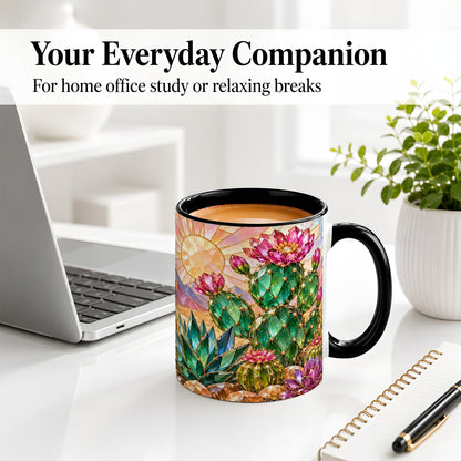 #pl[11oz|Black] Blooming Cactus Ceramic Mug, Desert Floral Design for Plant Lovers
