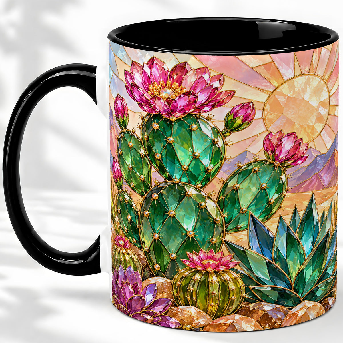 #pl[11oz|Black] Blooming Cactus Ceramic Mug, Desert Floral Design for Plant Lovers