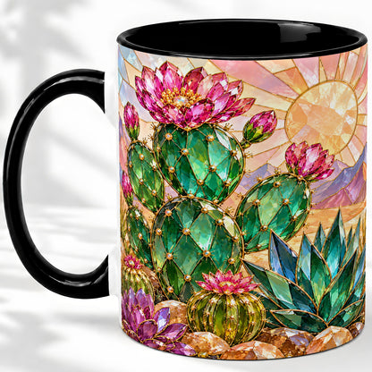 #pl[11oz|Black] Blooming Cactus Ceramic Mug, Desert Floral Design for Plant Lovers