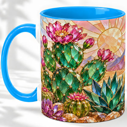 #pl[11oz|Blue] Blooming Cactus Ceramic Mug, Desert Floral Design for Plant Lovers