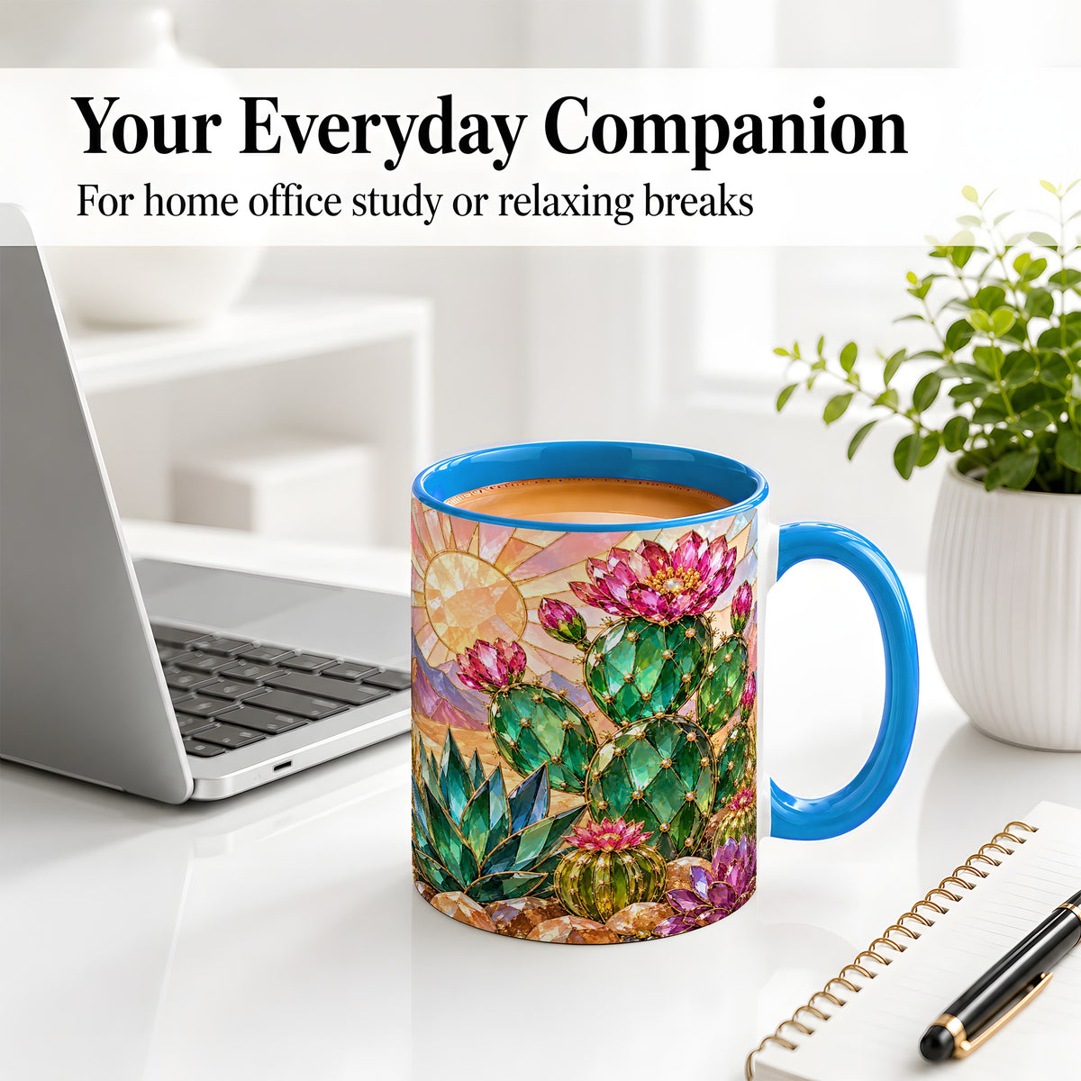 #pl[11oz|Blue] Blooming Cactus Ceramic Mug, Desert Floral Design for Plant Lovers