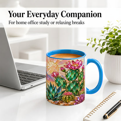#pl[11oz|Blue] Blooming Cactus Ceramic Mug, Desert Floral Design for Plant Lovers